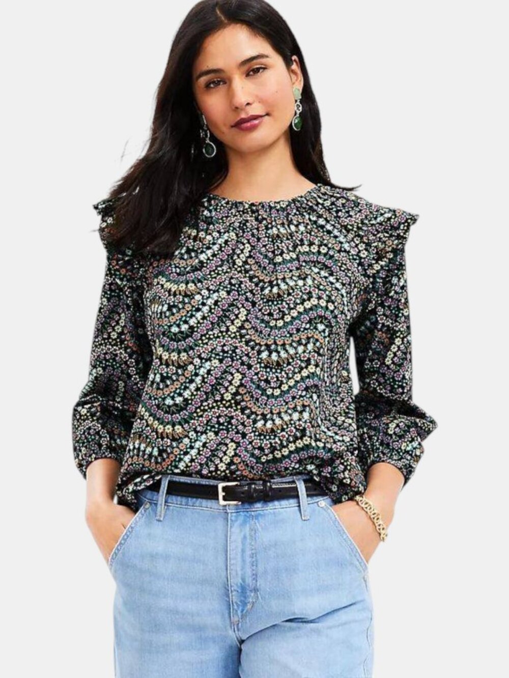 NWOT LOFT FLORAL DOBBY RUFFLED SHOULDER BLOUSE TIE BACK 3/4 SLEEVE SIZE M